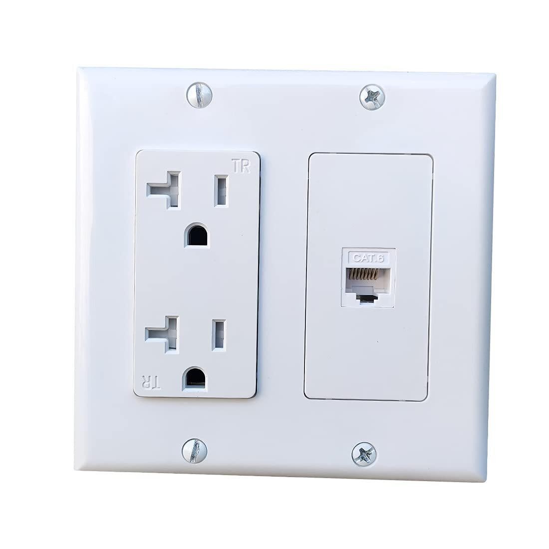 2 Gang Power Outlet with 1 Cat6 Ethernet Port 20a Electrical Outlet Cover Plate