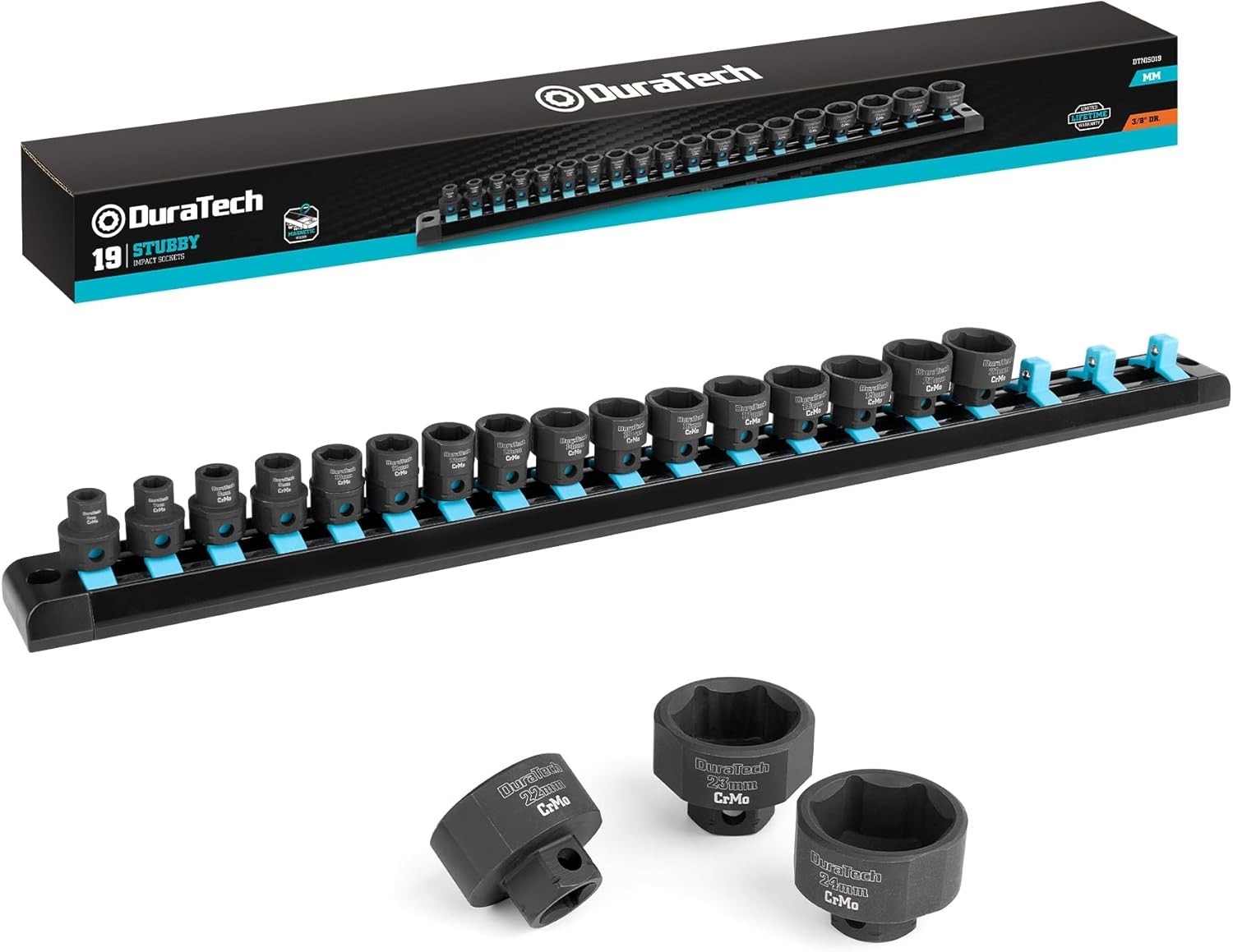 38 Drive Stubby Impact Socket Set, Low Profile Impact Sockets, 19-Piece, Metric,