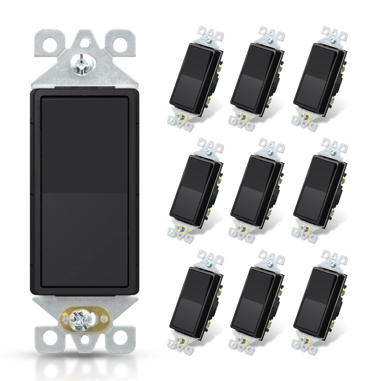 10 PCS Matte Black Single Pole Decorator Light Switch 15A 120/277V Rocker