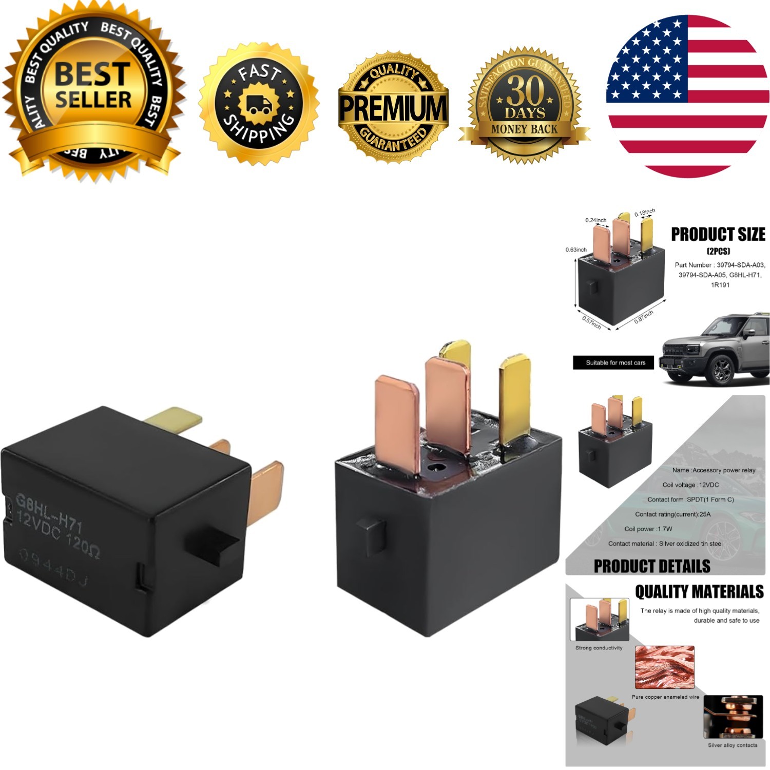 2 PCS , G8HL-H71-12VDC 4-Pin Power Assembly AC and Starter Relay, Multiple Us...