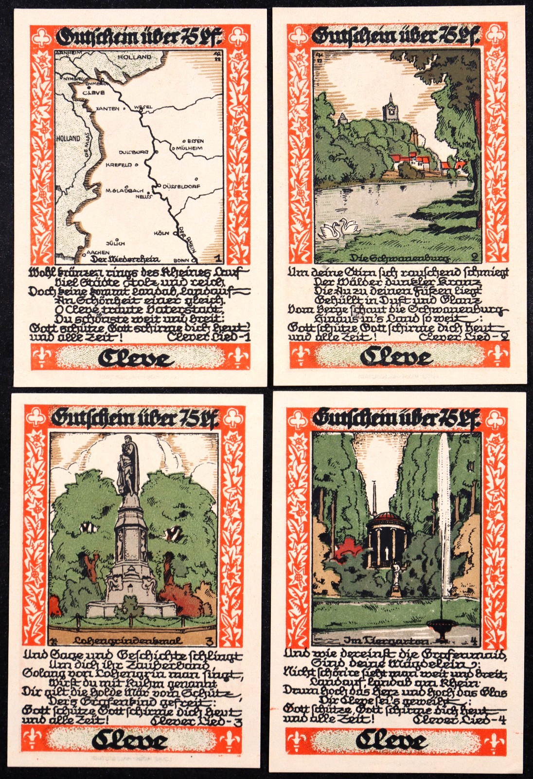 CLEVE / KLEVE 1921 "Lohengrin Statue, Schwanenburg Castle" Rare Complete Notgeld