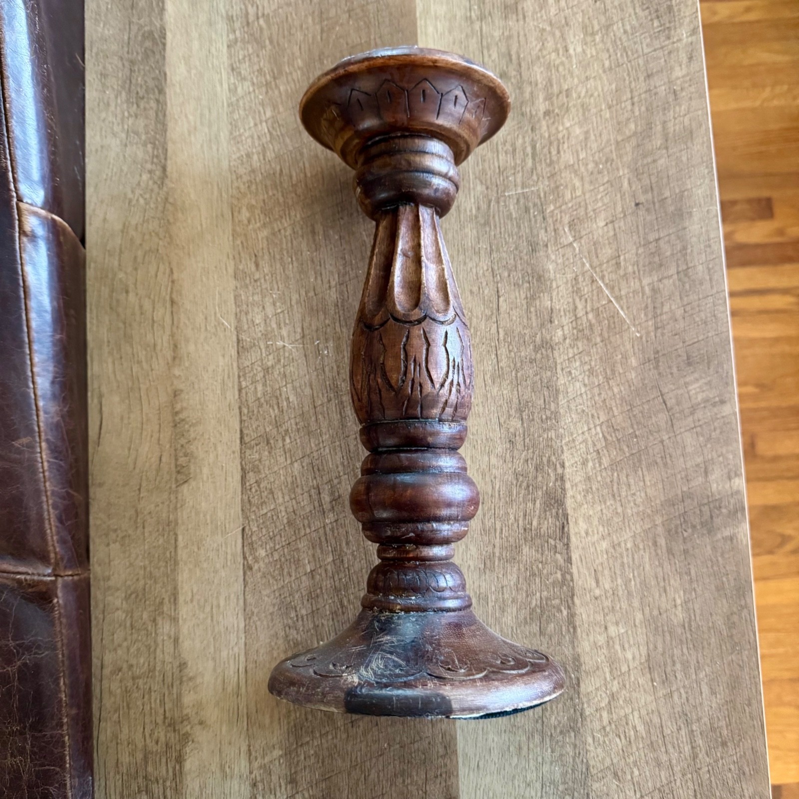 Cost Plus World Market 12" Satara Wooden Candle Holder Pillar Wood Large Carved