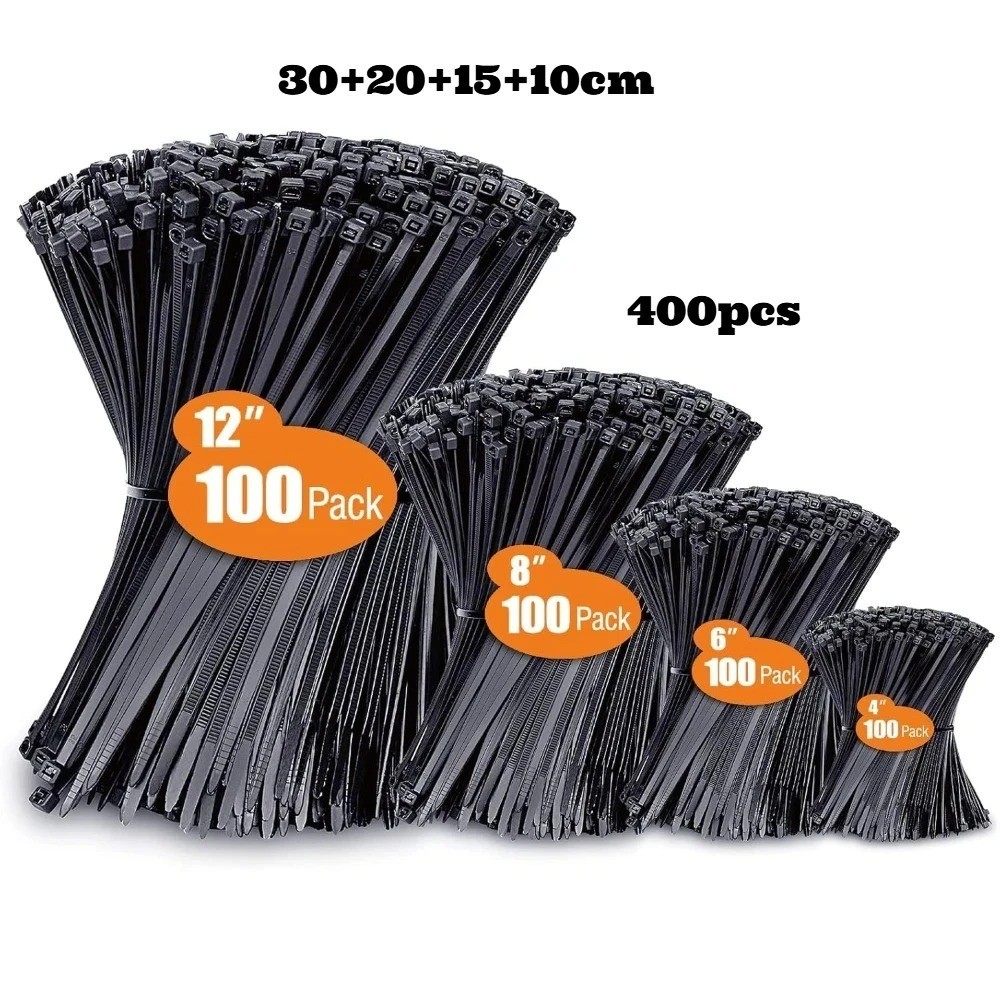 Black Zip Ties Assorted Sizes 4 6 8 12 Inch UV Resistant Cable Ties 100/400Pk