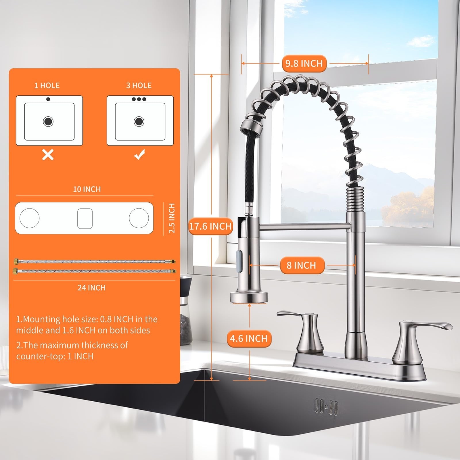 2 Handle Kitchen Faucet with Pull Down Sprayer, 360° Rotating Spout, Stainless S