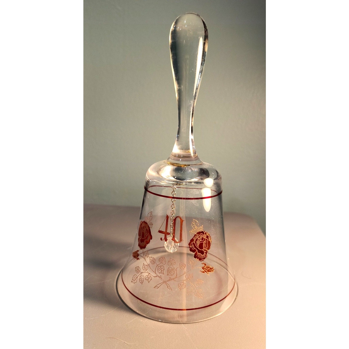 802.  40th Clear Glass Bell Bohemian with Roses Burgundy