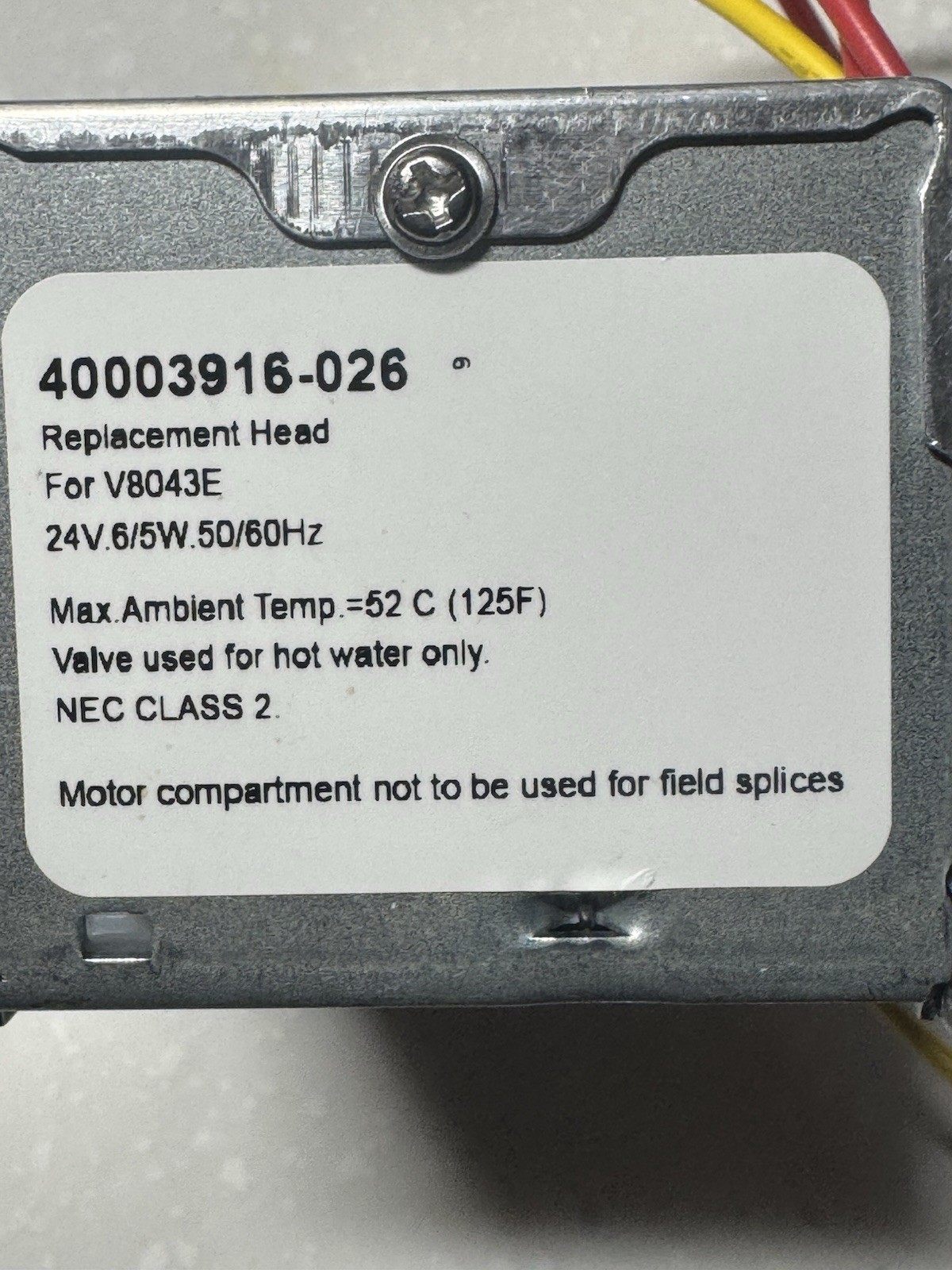 Honeywell 40003916-026 24Vac 50/60Hz replacement head for V8043E with end switch