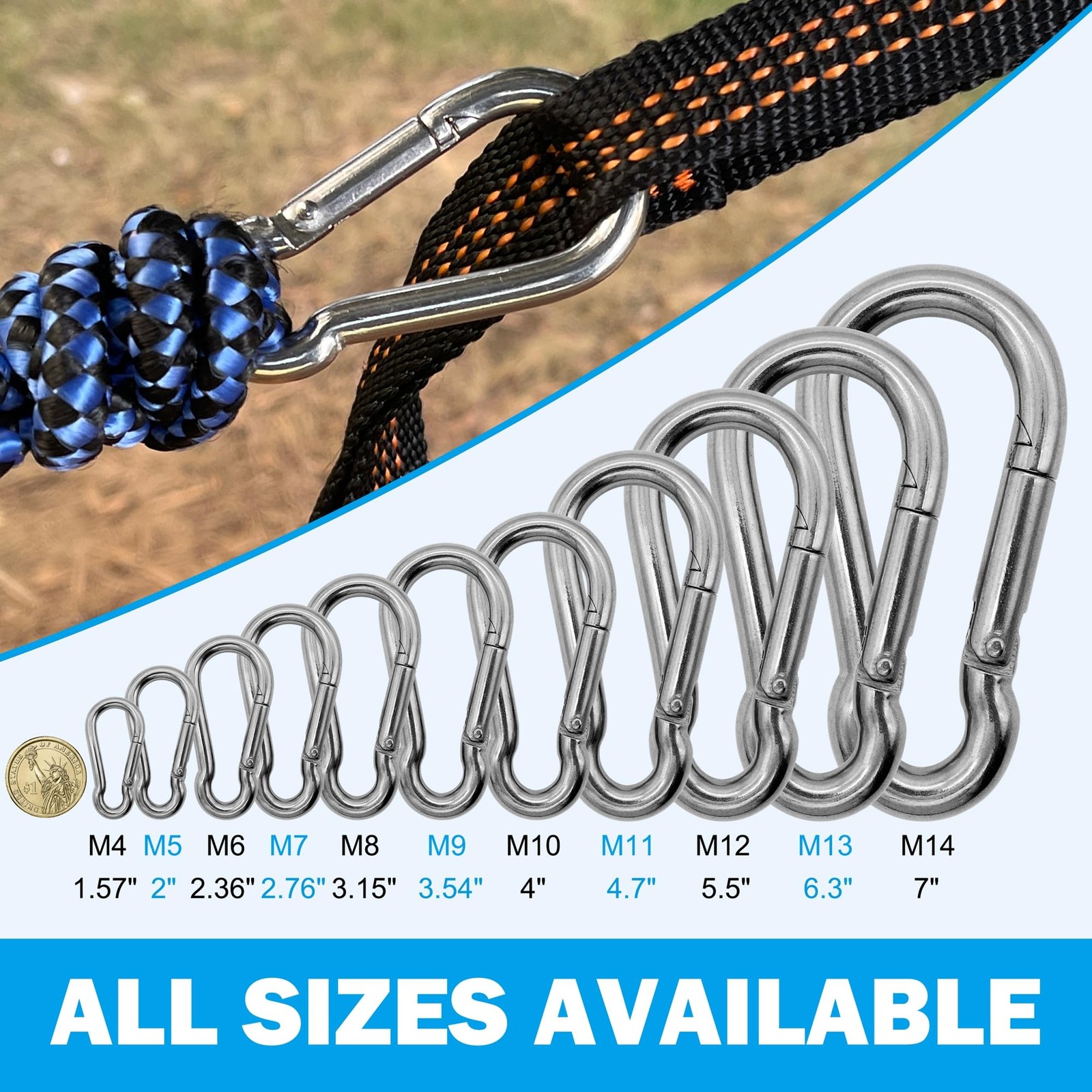 4 Pack 3.15" Large Spring Snap Hook Carabiner Stainless Steel Spring Snap Hooks