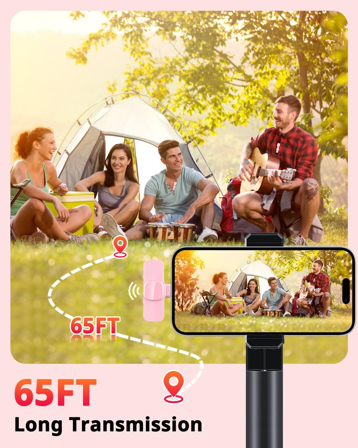 KoXeetech Pink Mini Wireless Microphone for iPhone & Android, mini, pink