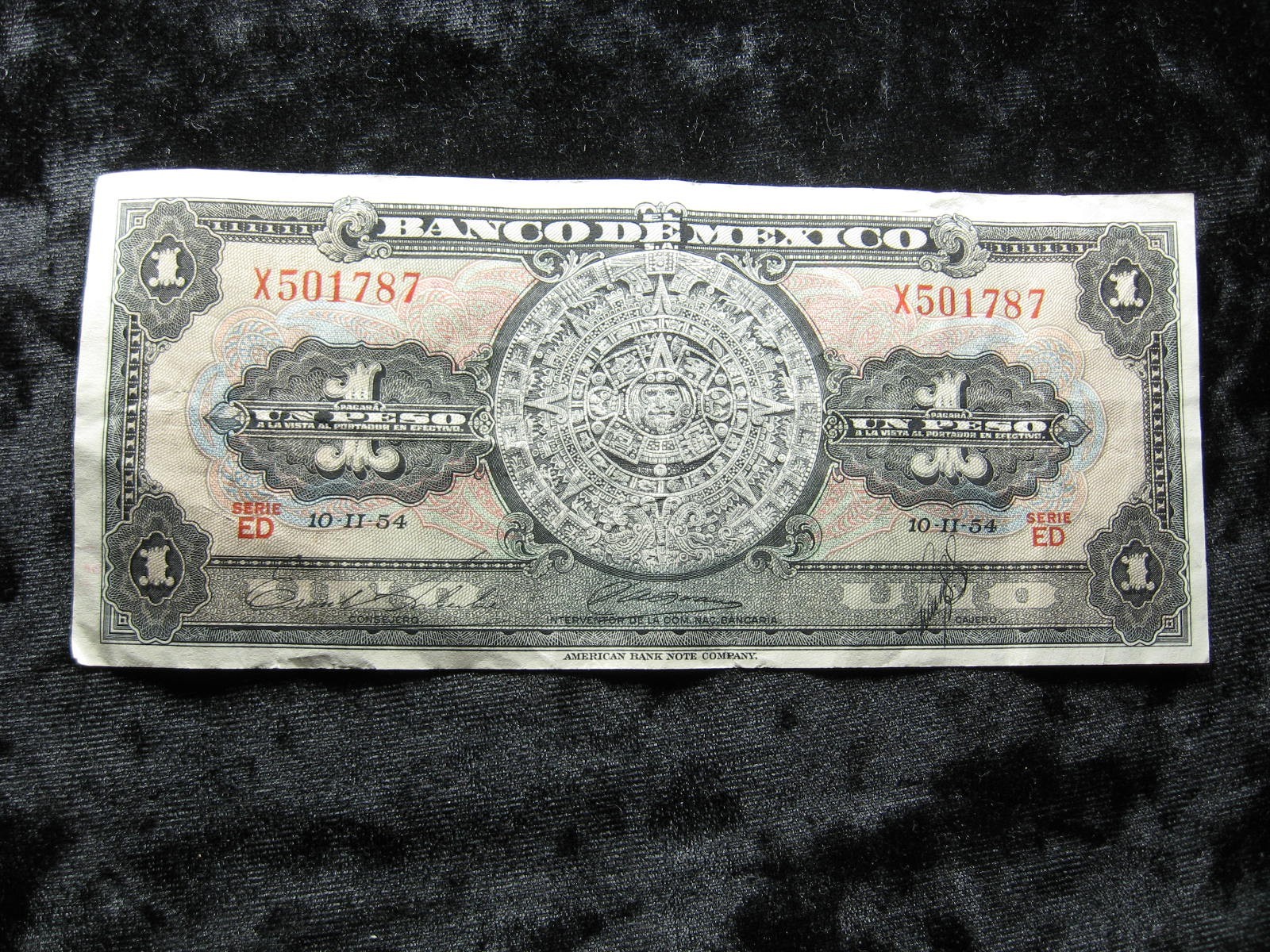 old world currency note MEXICO 1 peso 1954 P38 Aztec Calendar #87