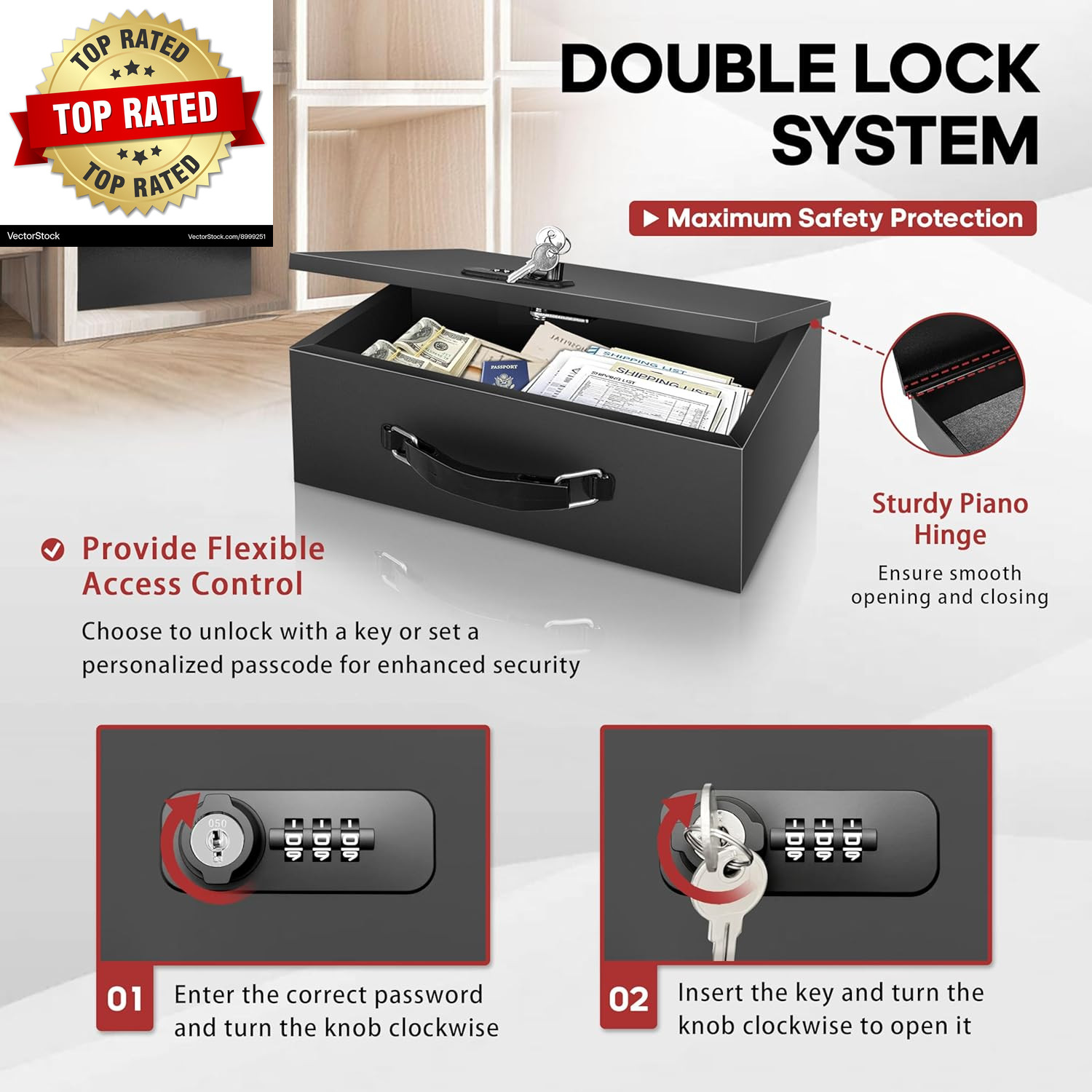 Fireproof Lock Box with Key and Combination Lock, Fire Safe Document Box, Portab