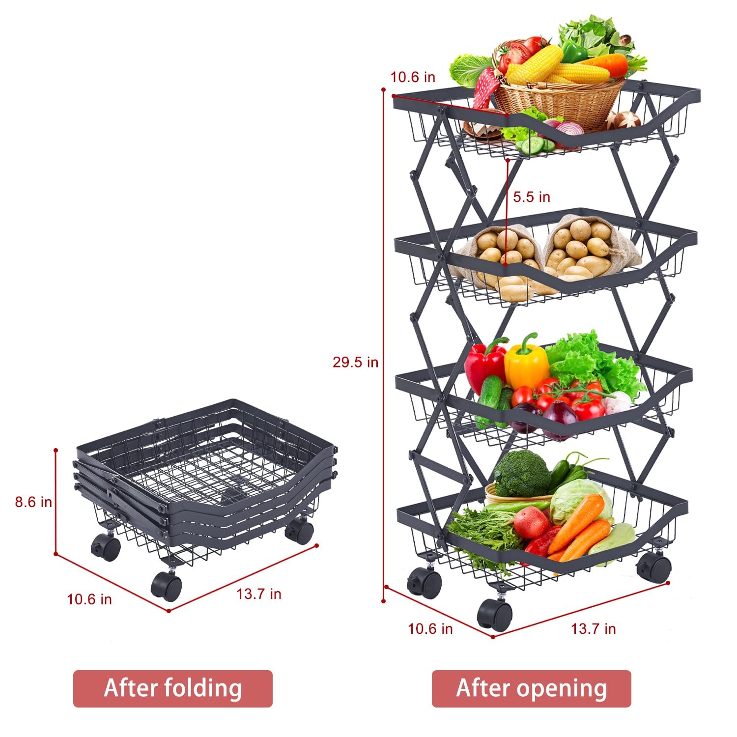 4 Tier Fruit Basket for Kitchen Stackable Metal Wire Fruit Vegetable Basket w...