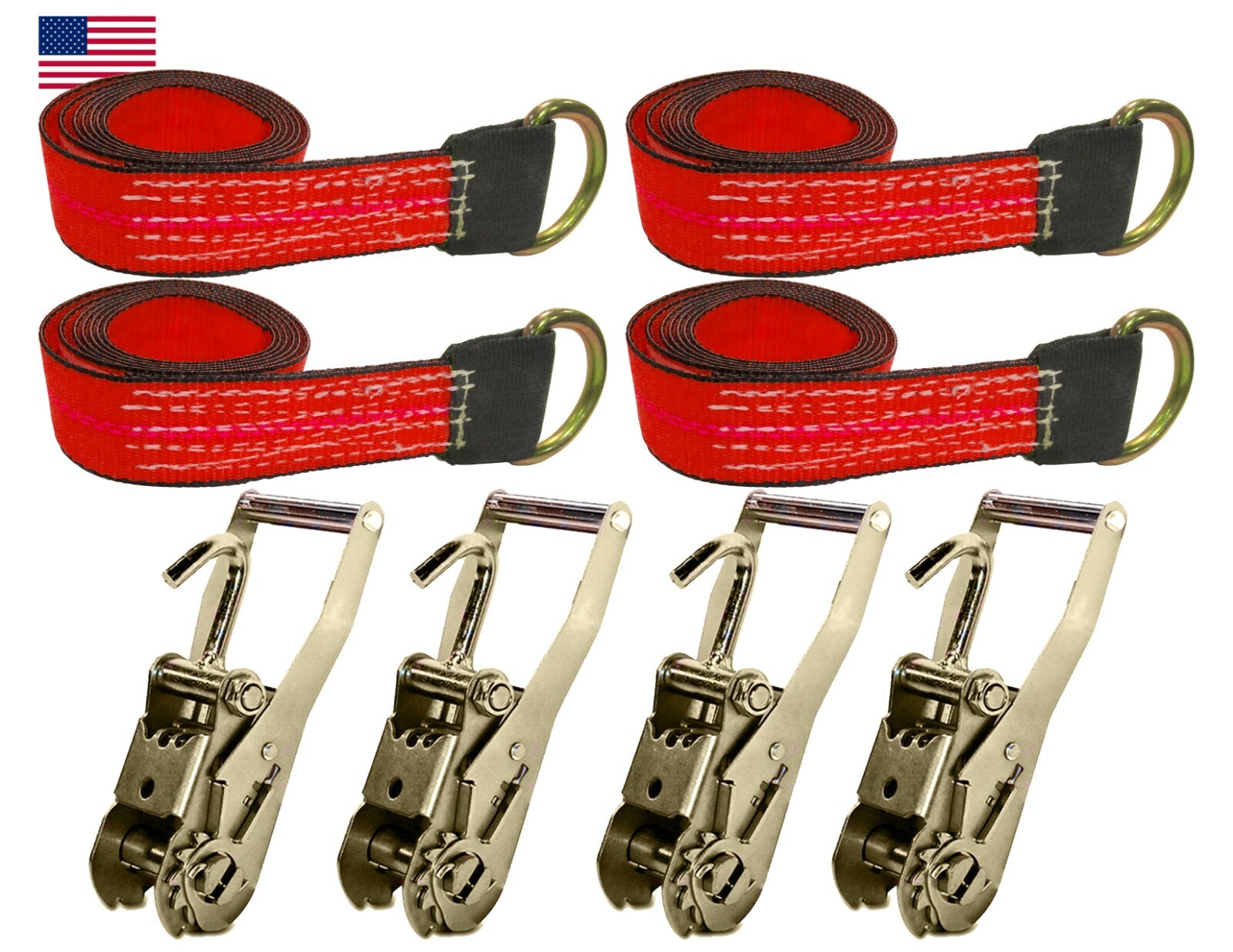 Red 12' Lasso Strap Tie Down Strap w/ Eye Protection Finger Hook Ratchet Chevron