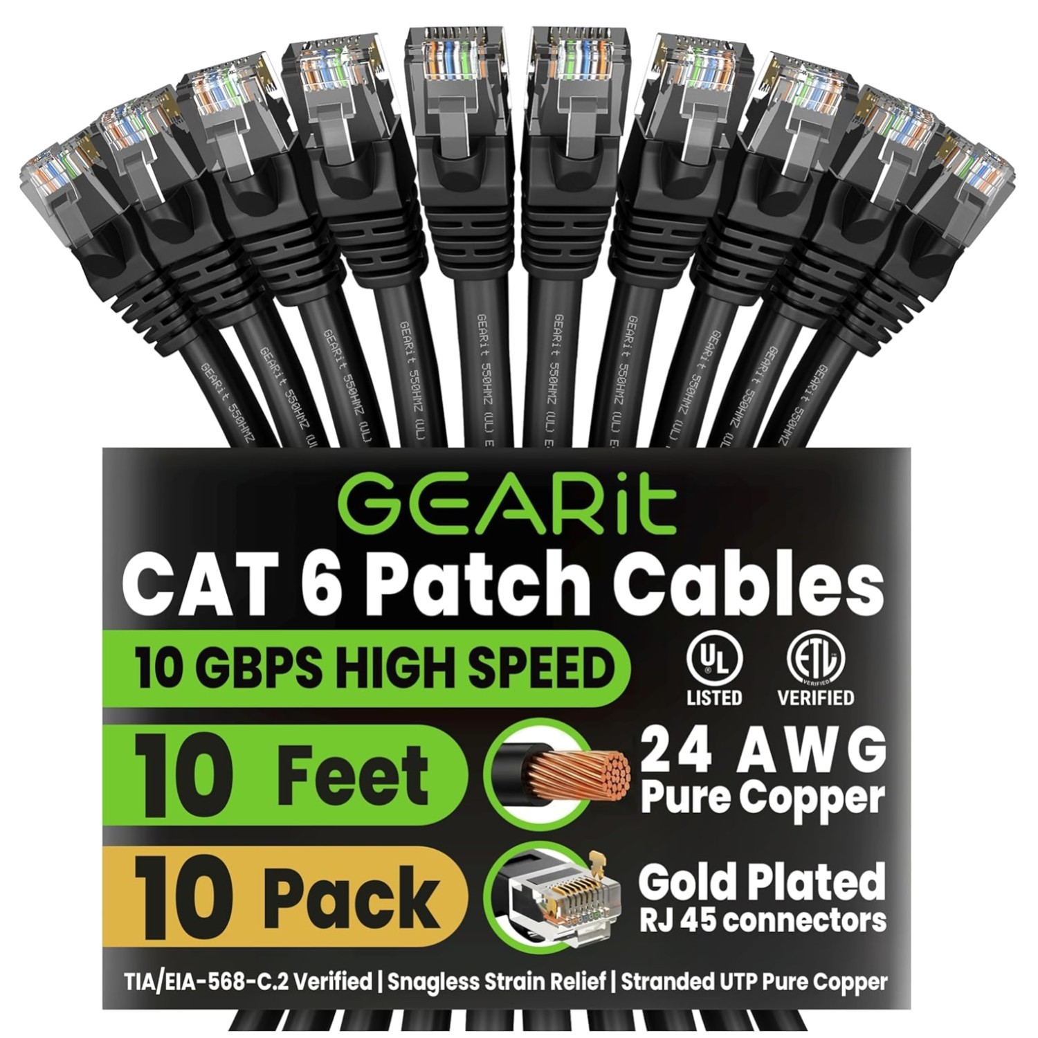10-Pack Cat6 Ethernet Patch Cable 10ft Black