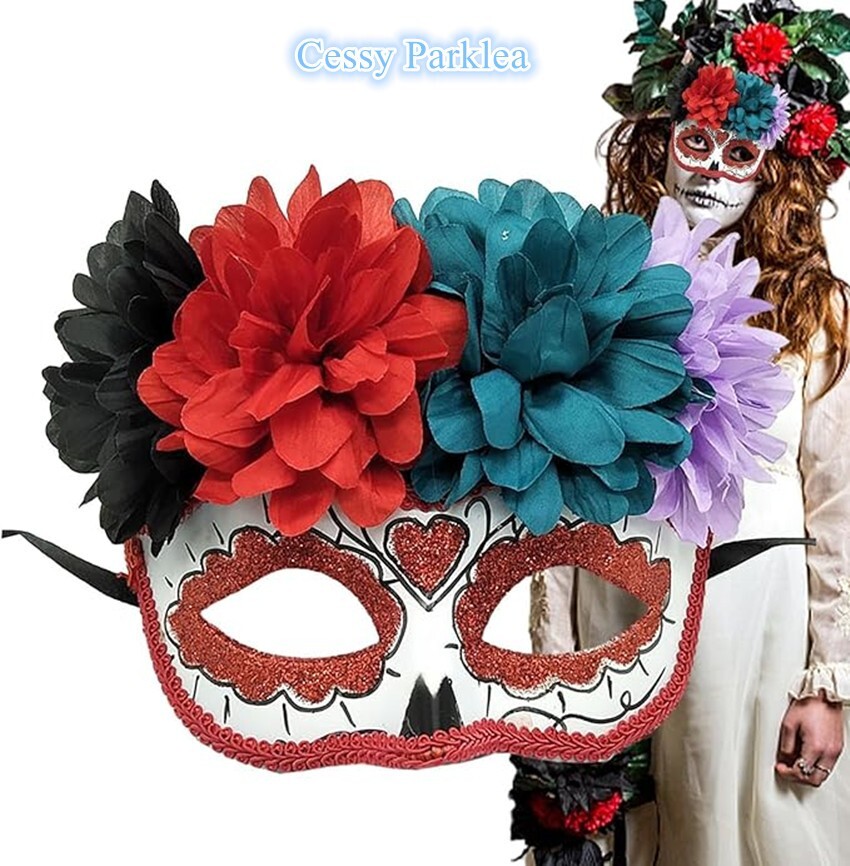 SN-B1-1 Frida Bright Colour Day of the Dead Female Senorita Costume Mask Flowers
