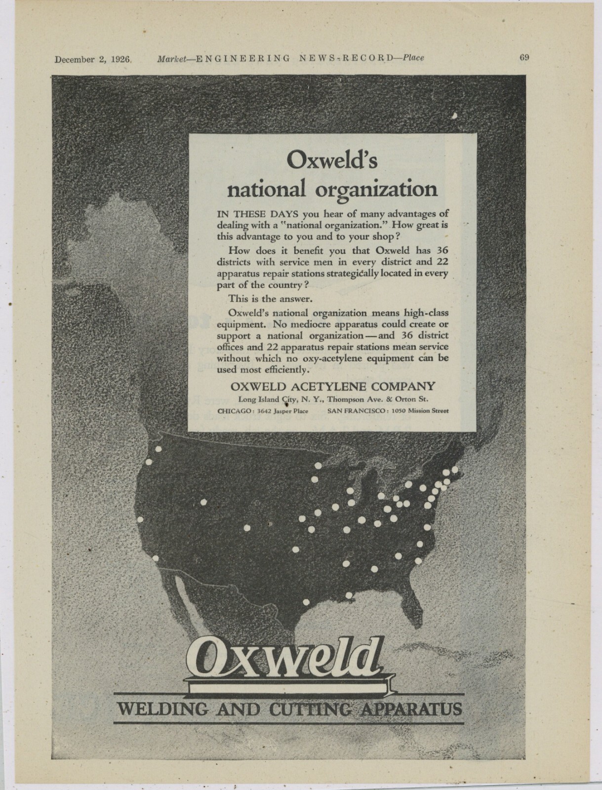 1926 Oxweld Acetylene Co. Ad: Welding & Cutting Apparatus - Long Island NY