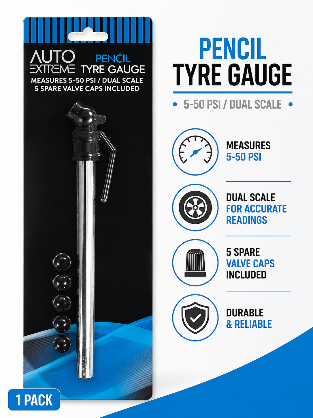 AX Pencil Tyre Pressure Gauge 5-50 PSI Dual Scale with Valve Caps