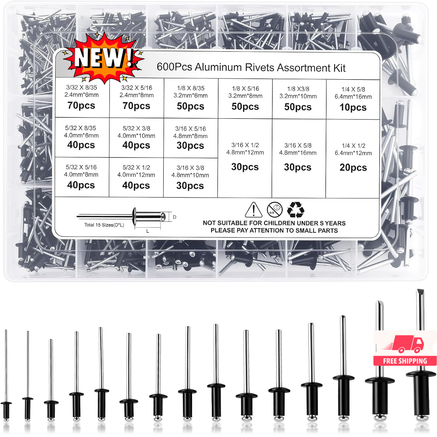 Kit surtido de 600 remaches ciegos de aluminio negro - 15 tamaños (3/32" - 1/4")
