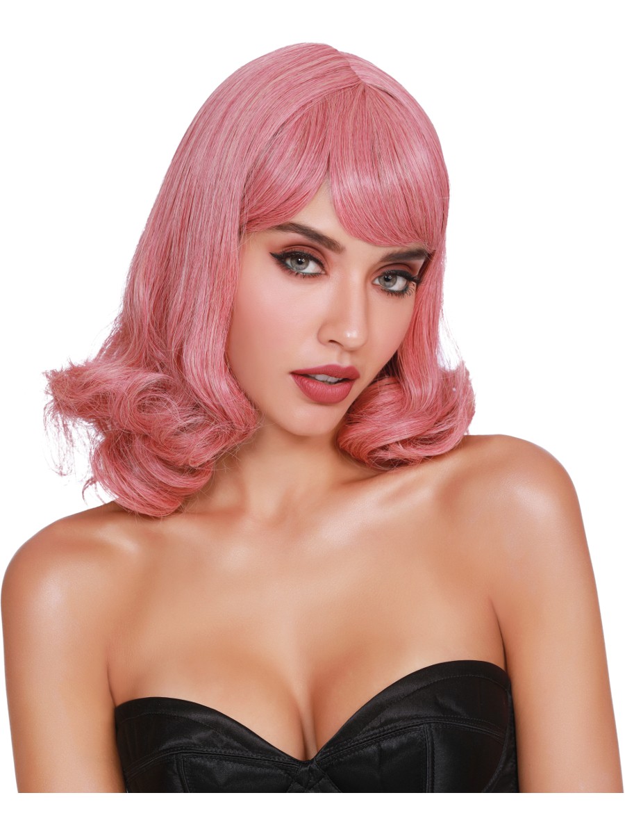 Womens Mid Length Dusty Rose Curly Pink Wig Costume Accessory