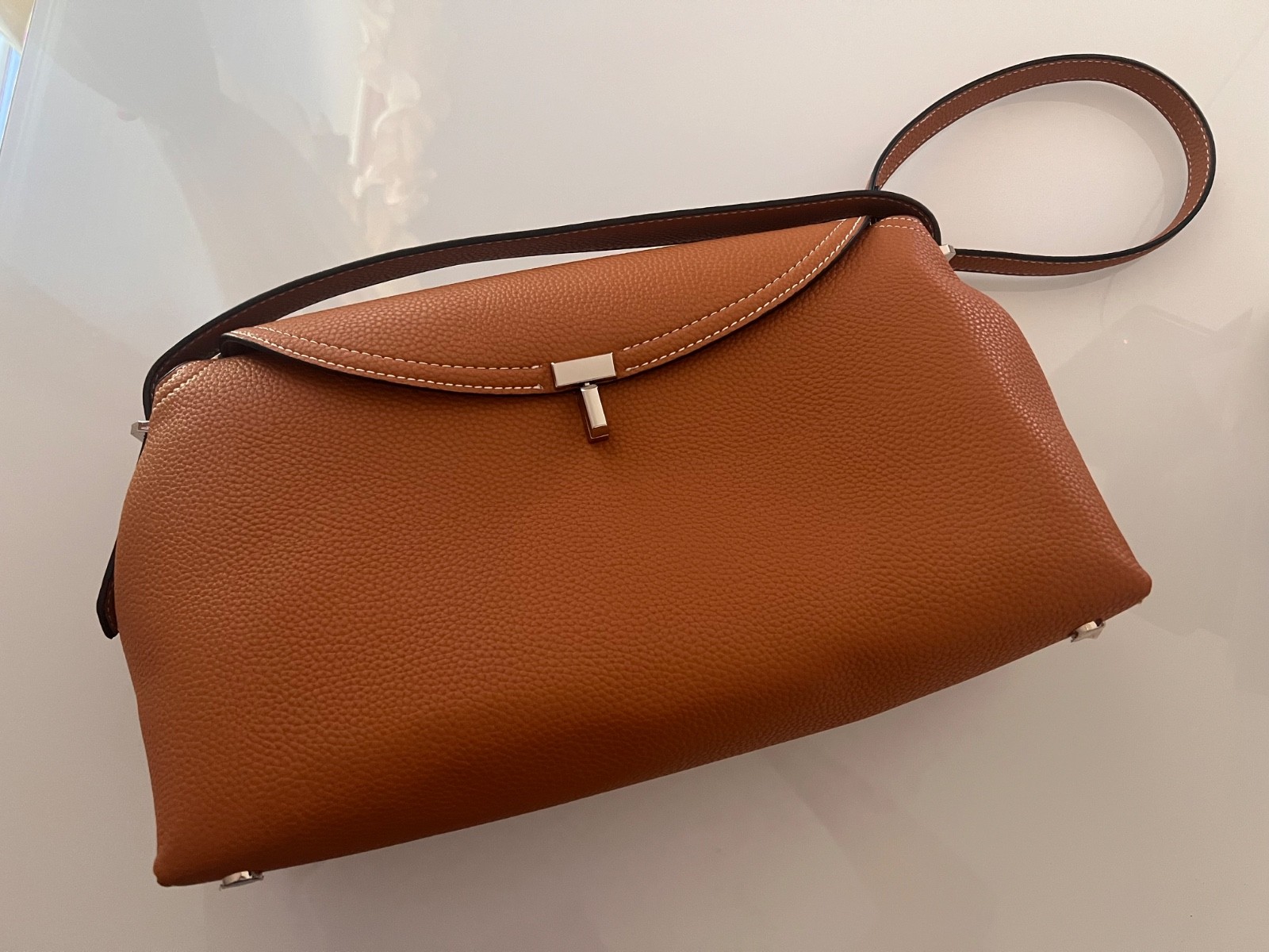 Totême T-Lock Crossbody Bag | Tan Pebble Grain Leather | Perfect Condition