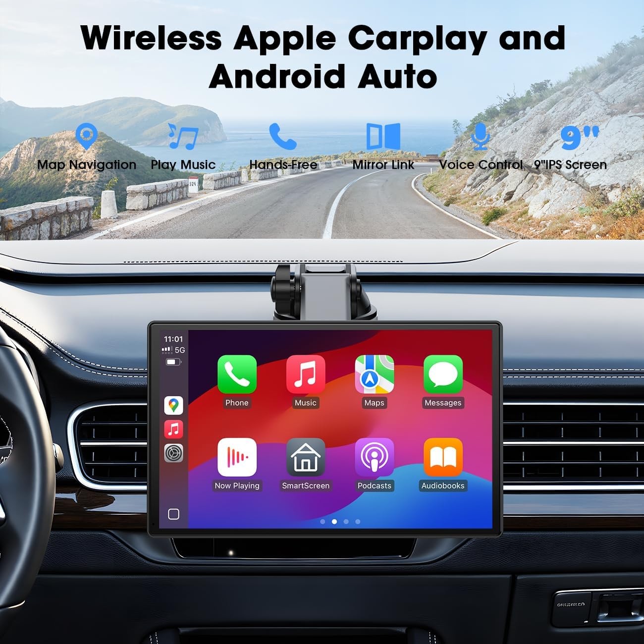 9" Wireless CarPlay Display Touchscreen Android Auto Voice Control for Car