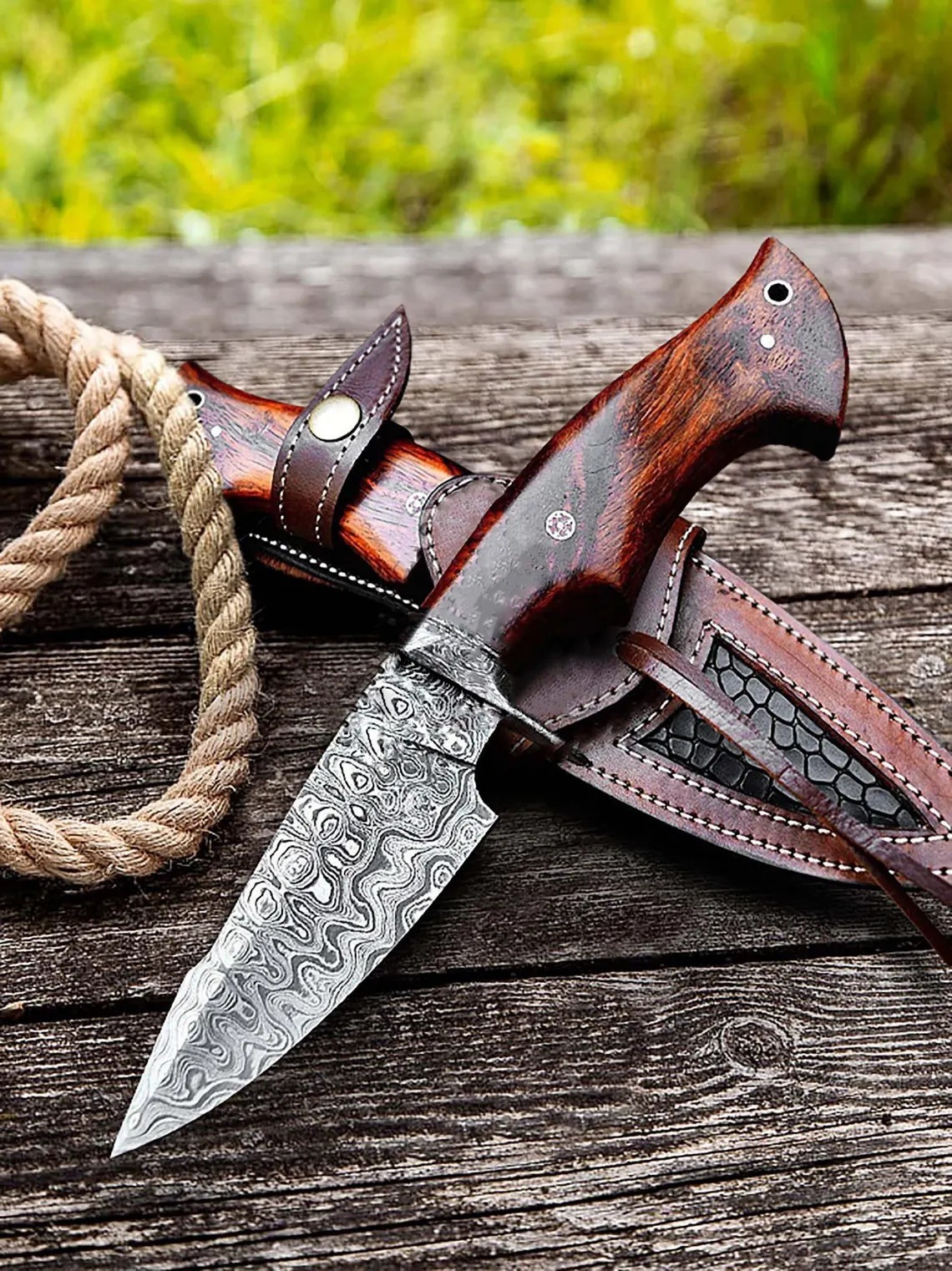 Handmade Damascus Steel Hunting Knife 10" Rosewood Handle Camping Survival