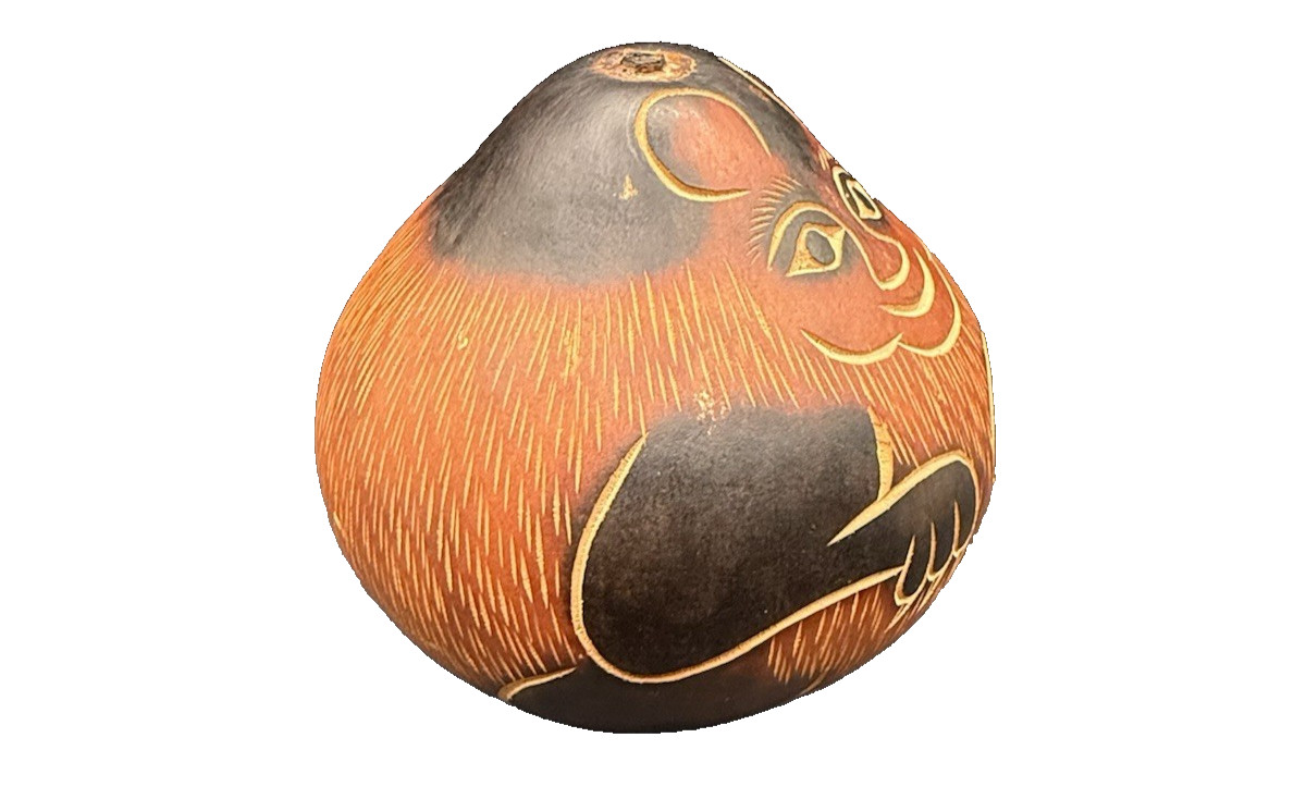 Peruvian Folk Art Carved Gourd Monkey Rattle