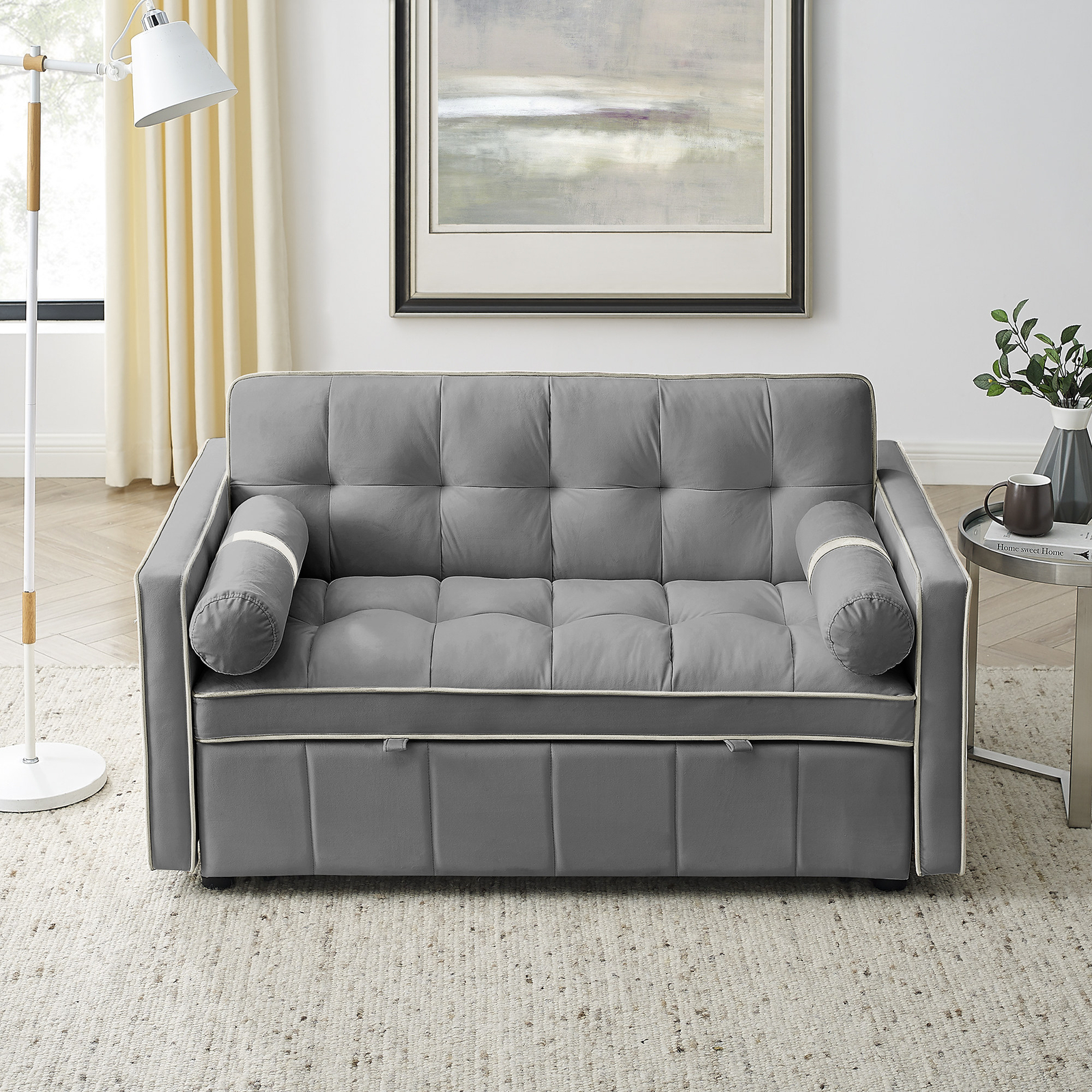 55.5" Pull Out Sleep Sofa Bed 2 Seater Loveseats Sofa Couch w/ Side Pockets