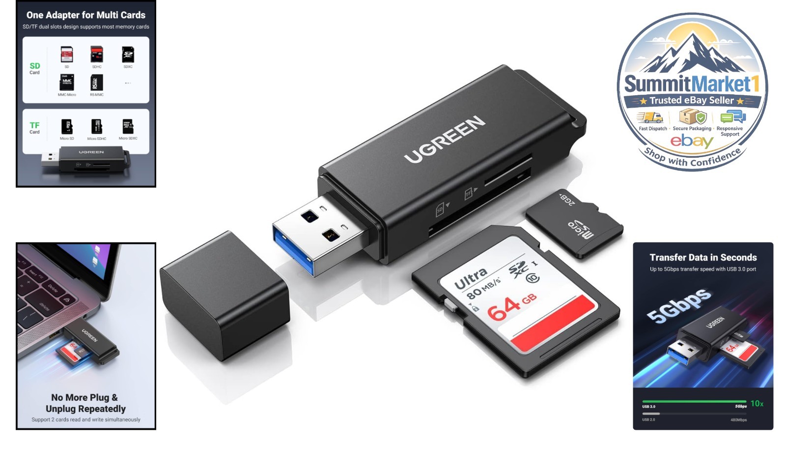 SD Card Reader USB 3.0 Dual Slot Adapter for TF SD Micro SD SDXC SDHC