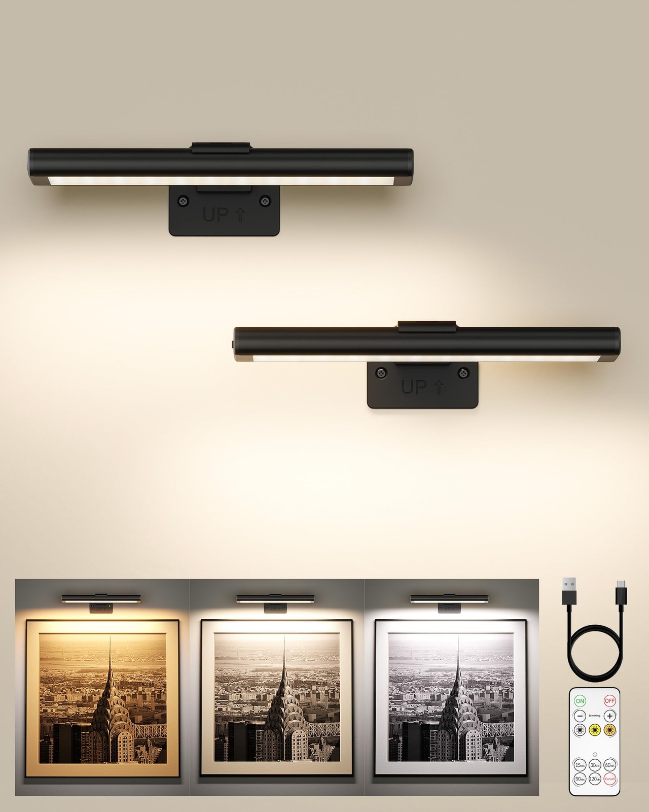Picture Light for Wall, Rechargeable 2400mAh Battery Lights Wireless Remote, ...