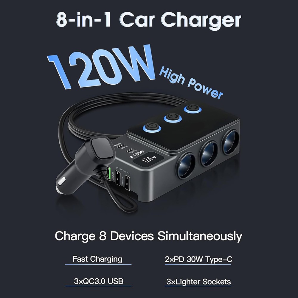 8in1 Car Charger Cigarette Lighter Splitter Adapter Fast USB/C Socket QC PD 30W