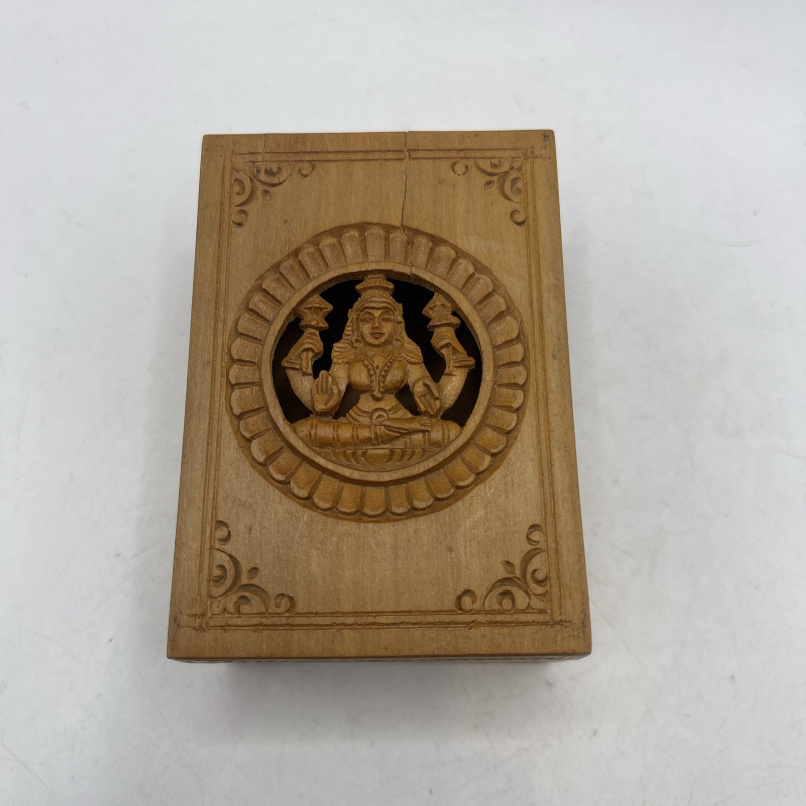 Hand-Carved Wooden Box Featuring Hindu Deity 3" x 2" x 2.5"