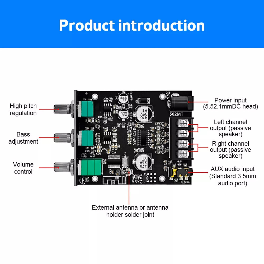 2PC ZK-502MT 50W*2 Bluetooth 5.2 Audio Amplifier Board Module Tone Adjustable
