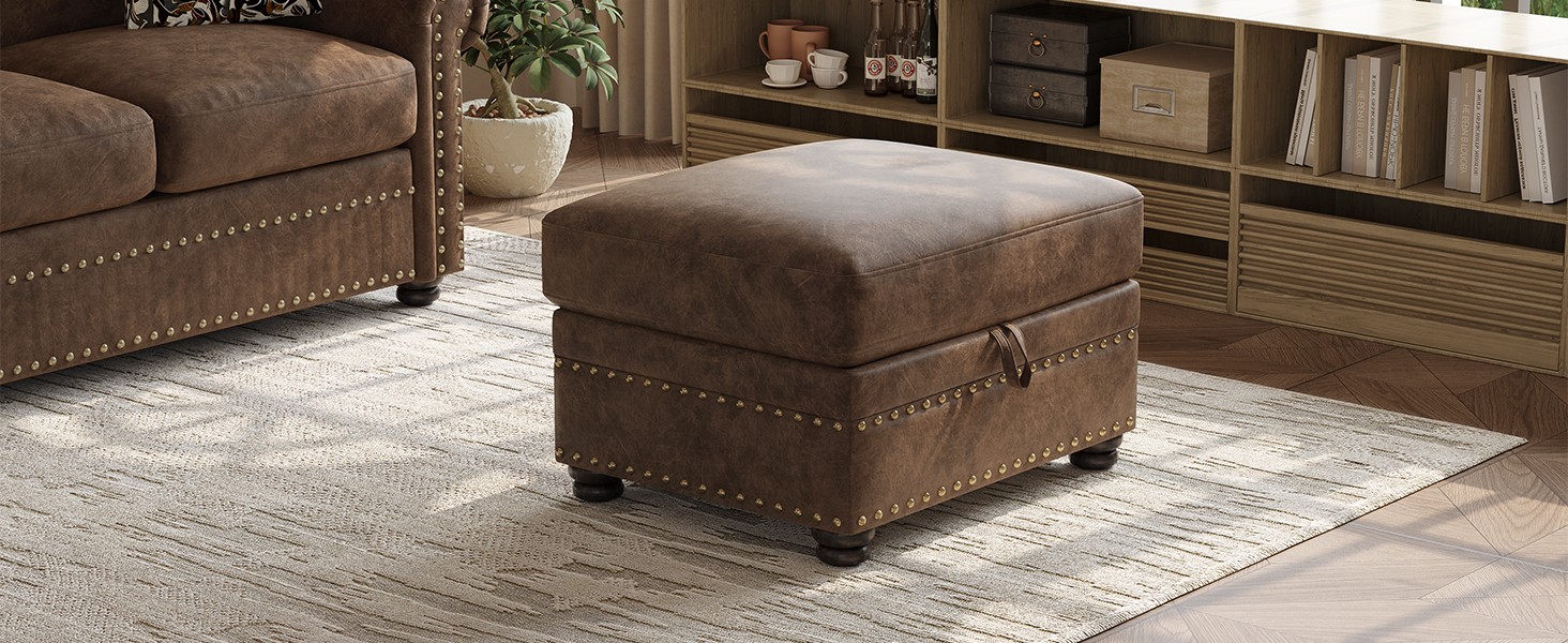 Faux Leather Ottoman with Storage, Rectangle Ottoman Coffee Table with Nailhead