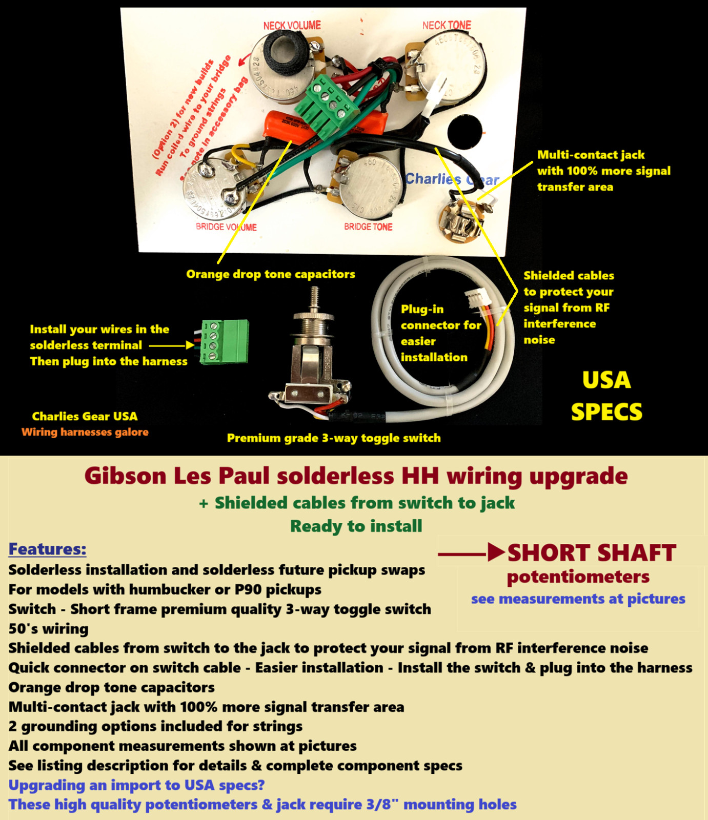 Les Paul Solderless 50's Wiring Upgrade +Short Shaft +More Neck Highs +USA Specs