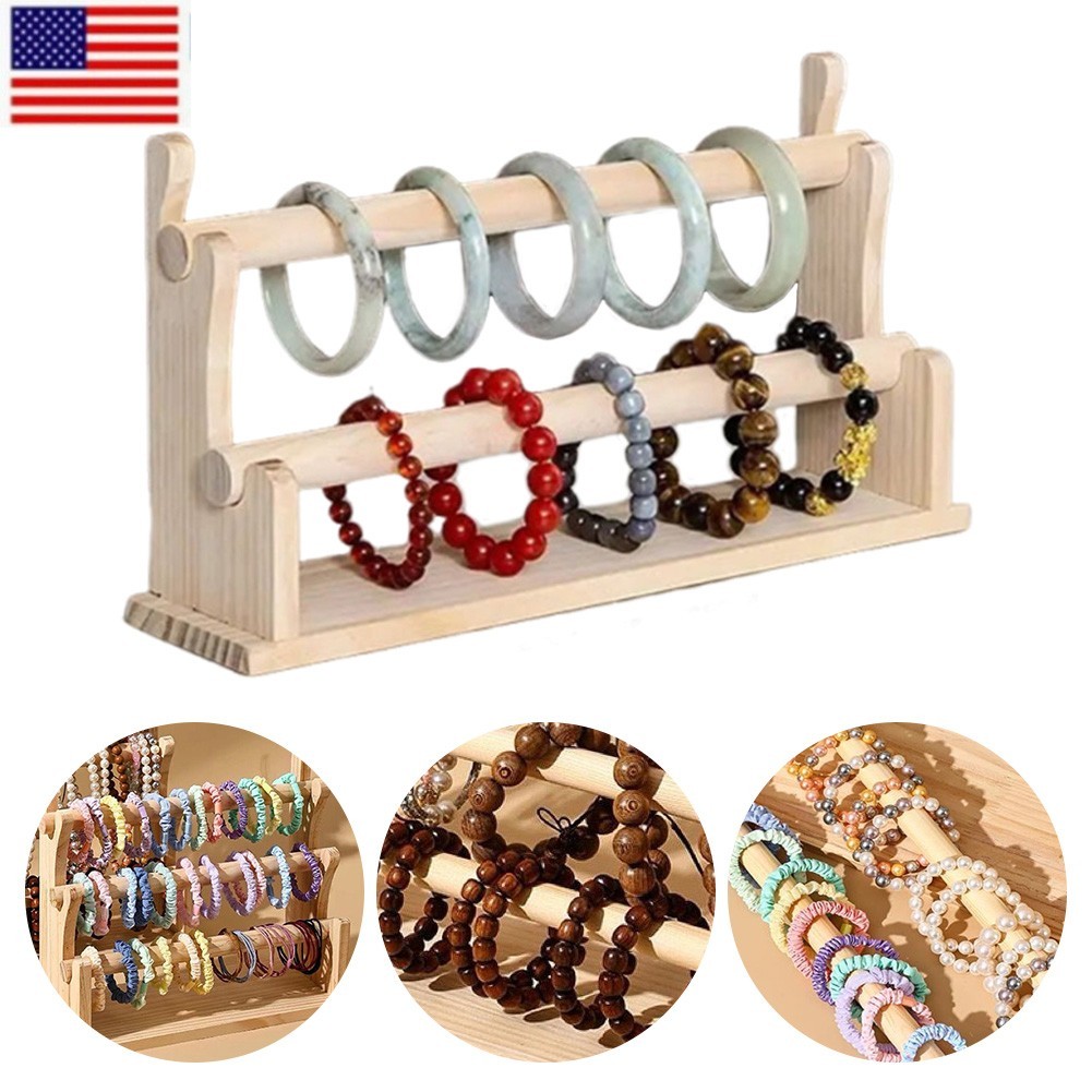 Rustic-Style 2-Tier Jewelry Organizer Stand, Wooden Necklace Rack and Bracelet