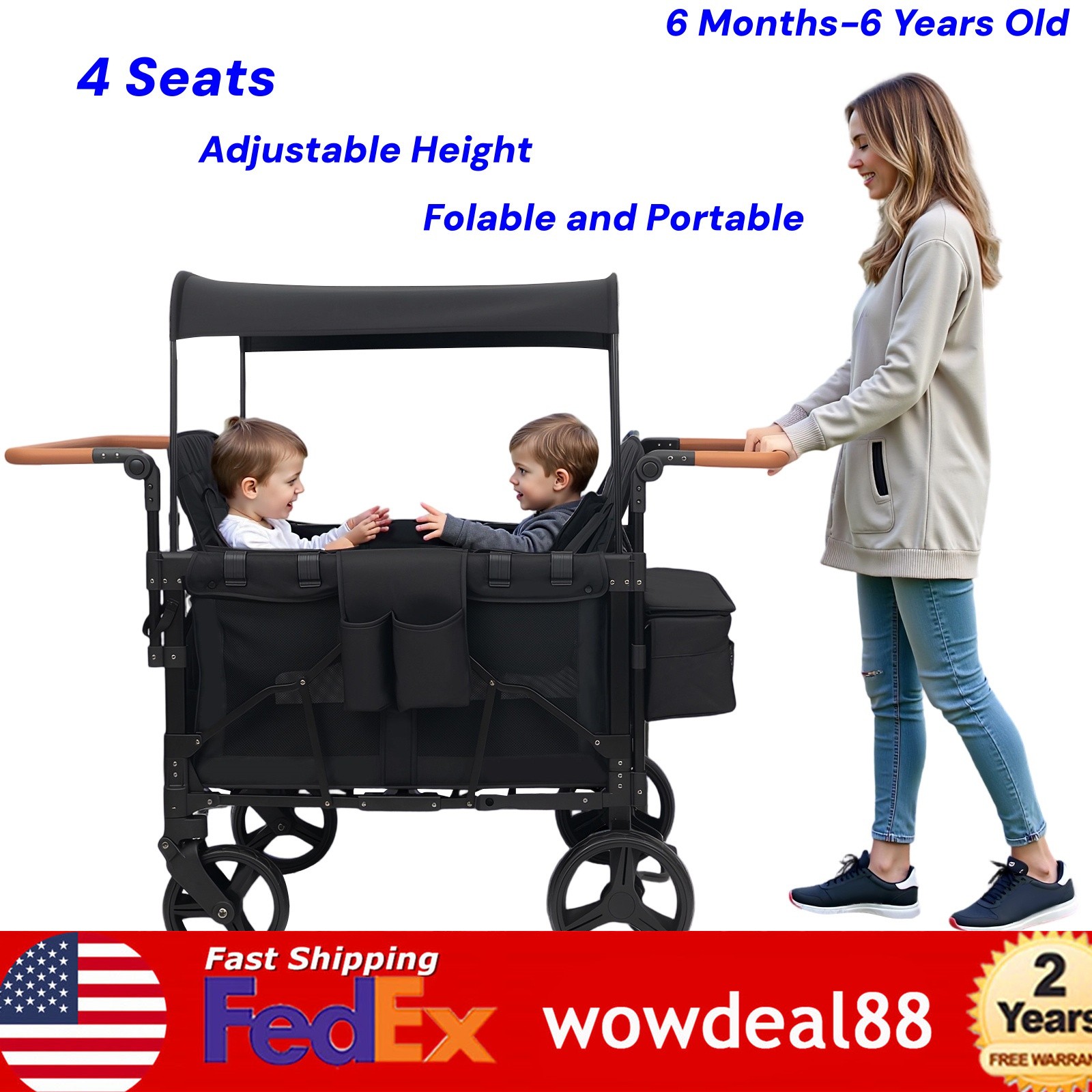 4 Seater Stroller Wagon Quad Stroller Wagon 4 Kids w/Adjustable Handle & Canopy