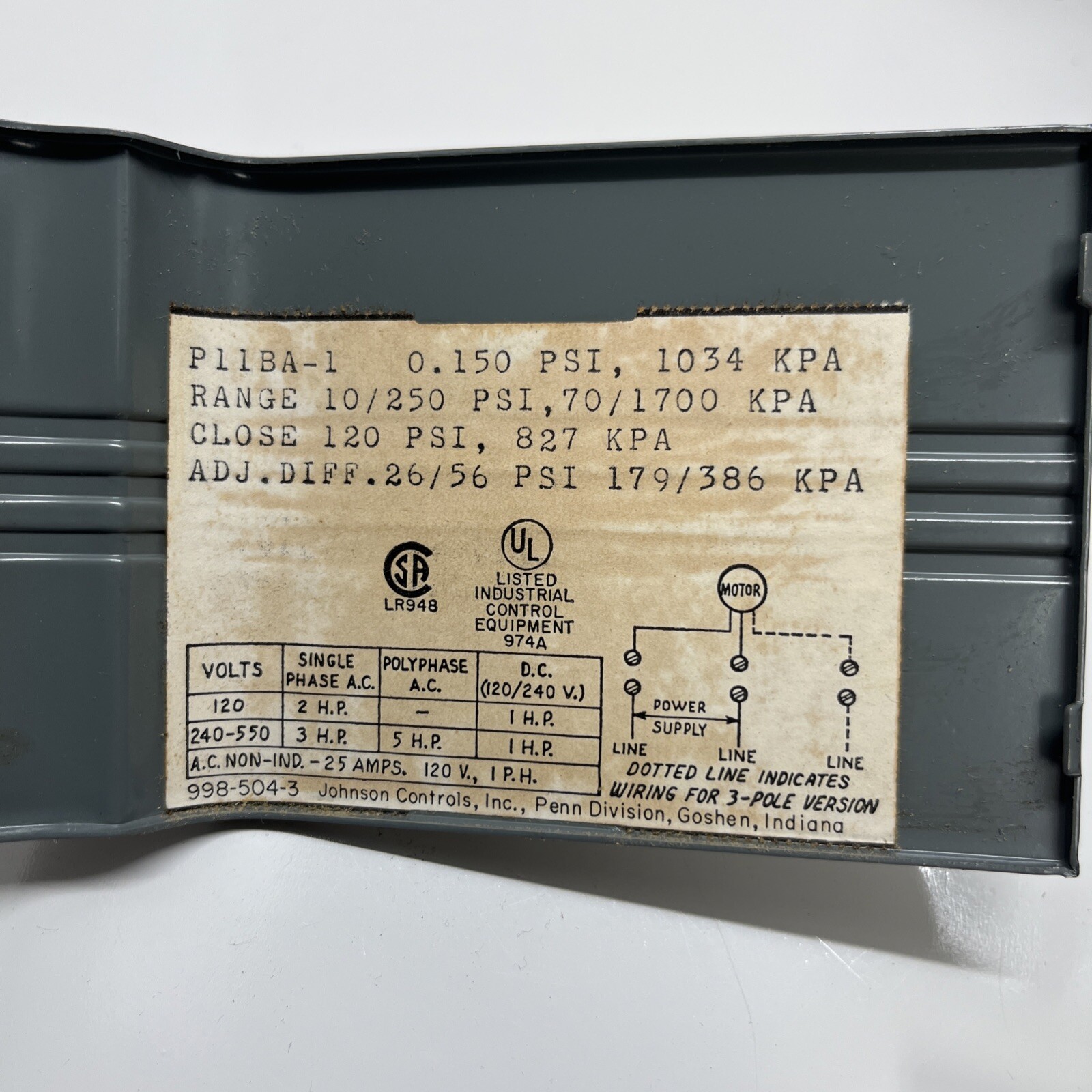 Johnson Controls Pump And Air Compressor Control P11BA-1