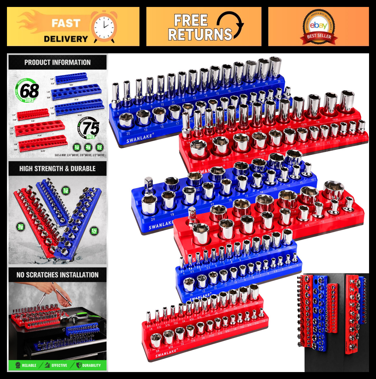 Magnetic Socket Organizer Set - 6PCS Holder for 1/4", 3/8", 1/2" Sockets, Holds
