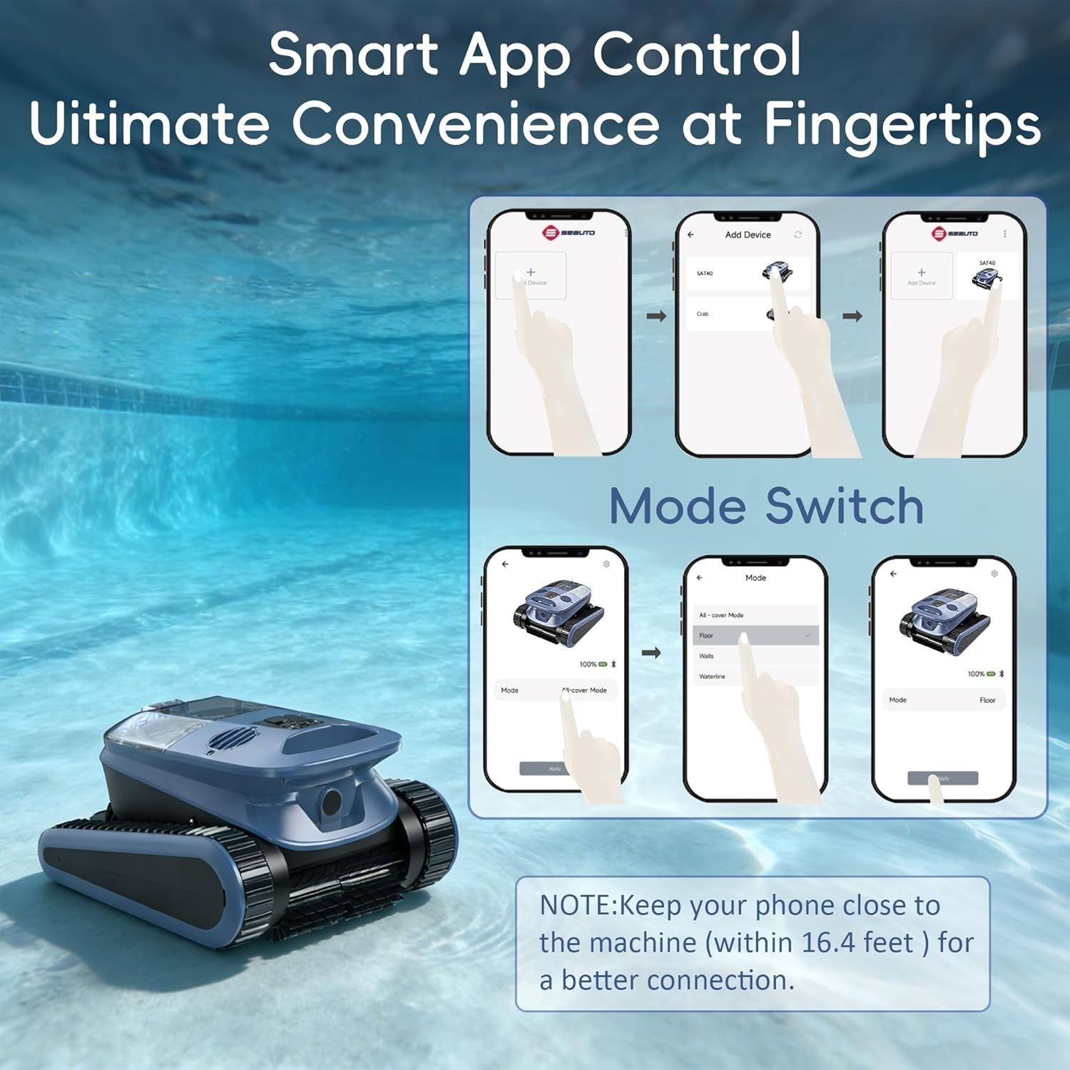 SEAUTO Automatic Robotic Pool Vacuum Cleaner, Wall Climbing 4 Cleaning Modes,APP