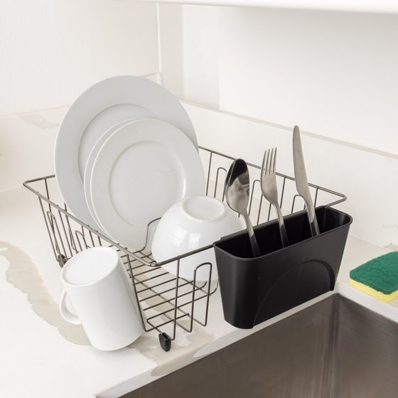Mainstays Compact Dish Drainer Rack Chrome Black Kitchen Drying Tray