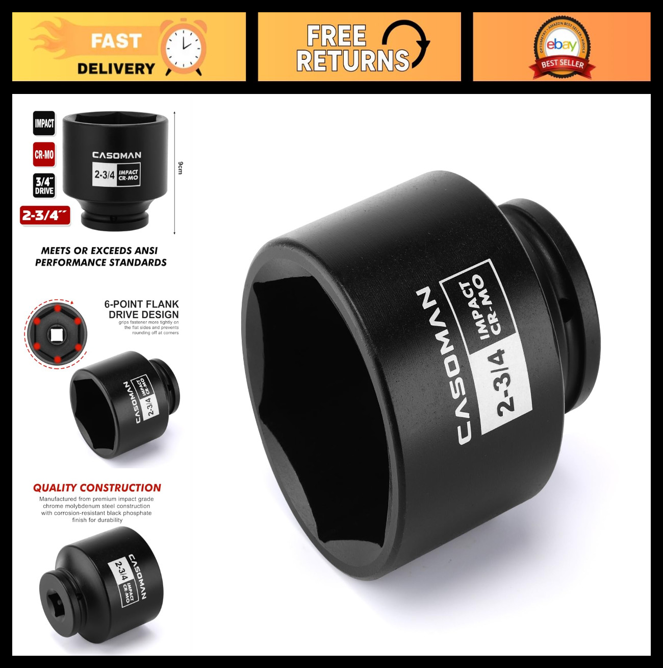 3/4" Drive 2-3/4" Shallow Impact Socket, 6-Point, SAE, CR-MO Steel Tool
