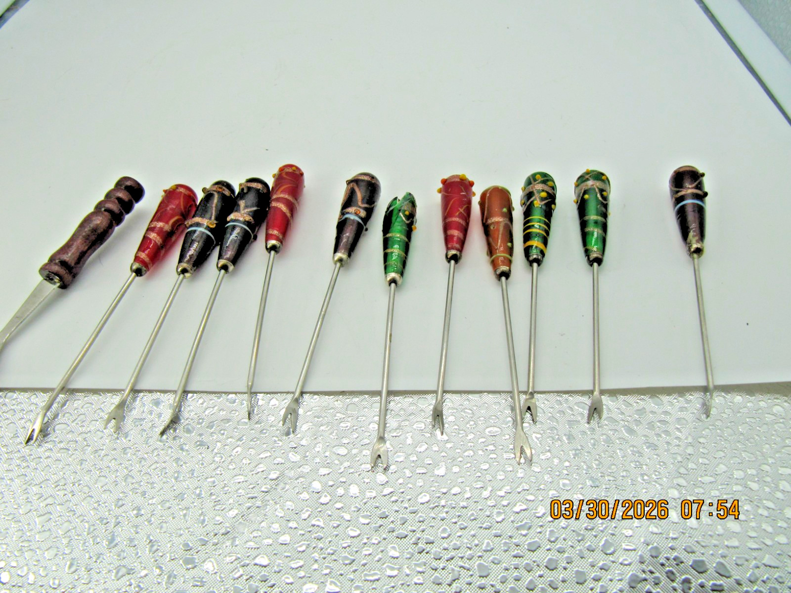 11 Appetizer Forks with Blown Glass Handles Blue 4.25"  Long