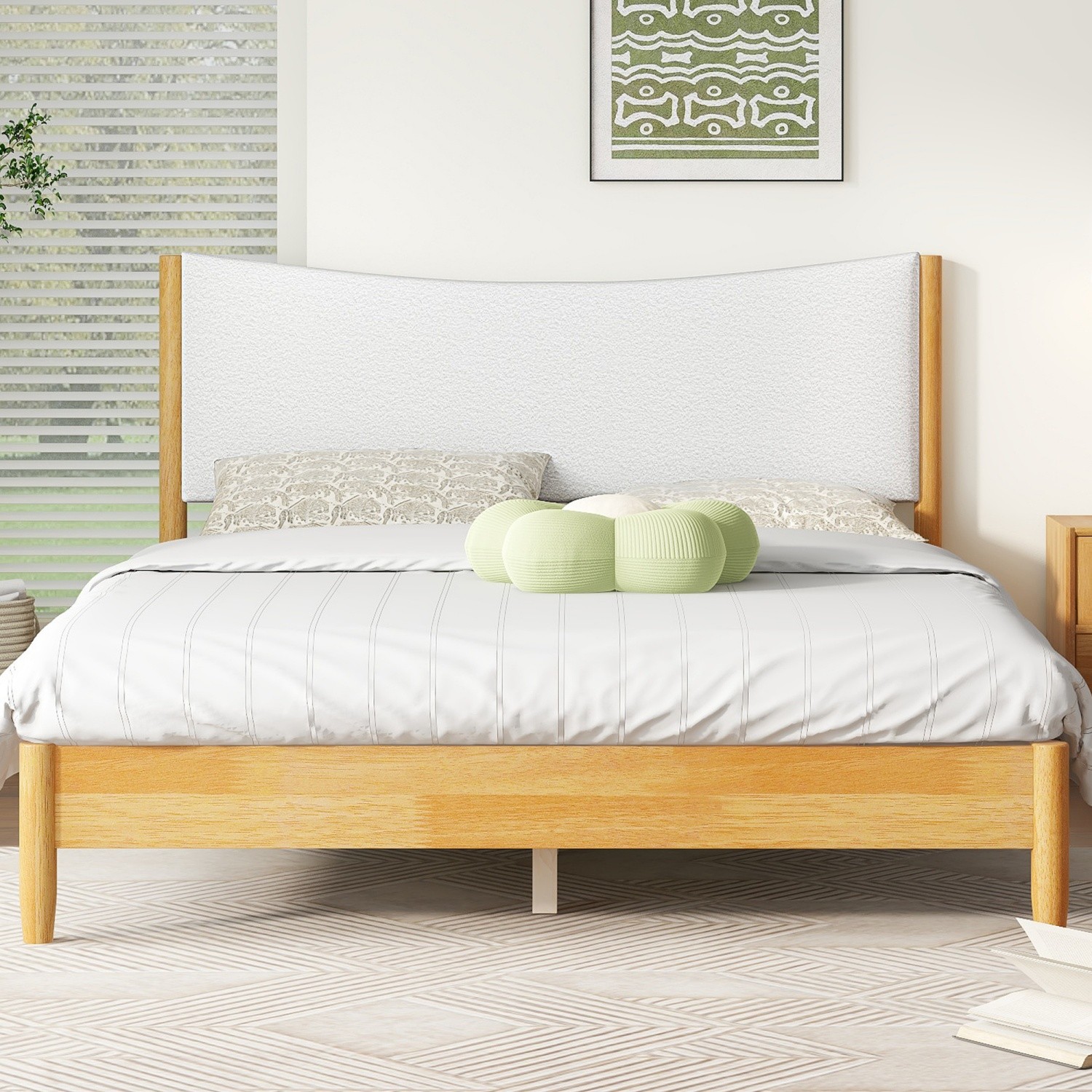 Queen Size Solid Wood Platform Bed Frame with Upholstered Headboard Natural