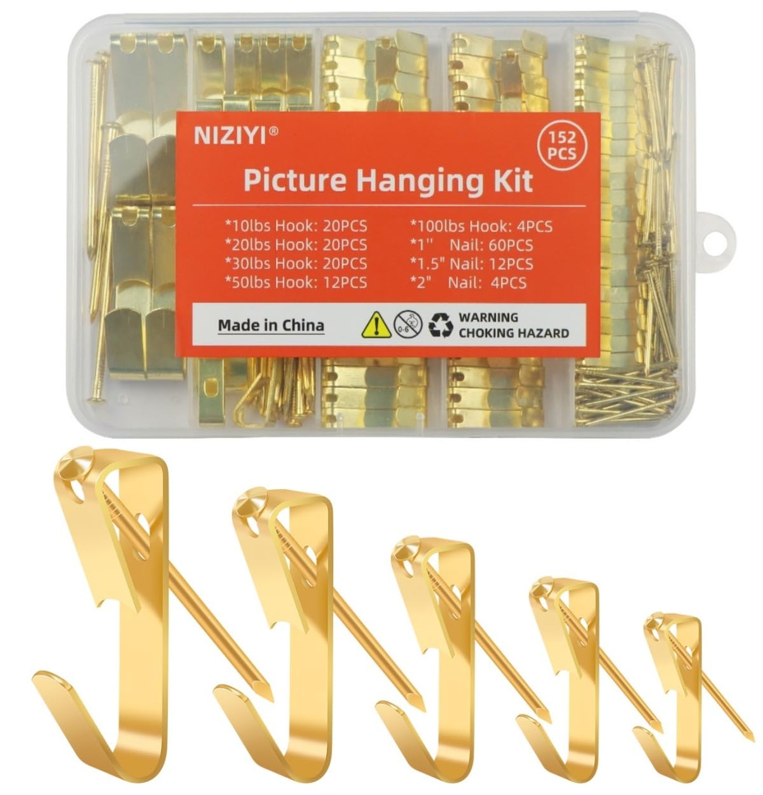 152Pcs Picture Hanging Kit, Picture Hangers 10lb, 20lb, 30lb, 50lb, 100lb Hoo...
