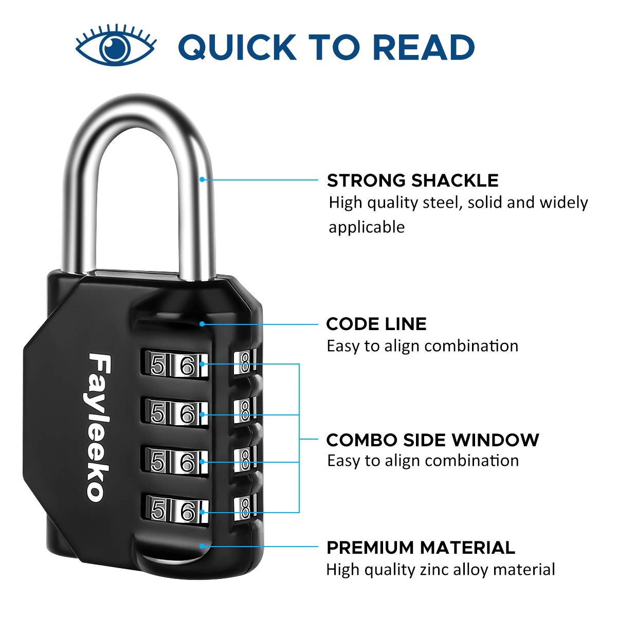 Fayleeko Combination Lock, 4 Digit Padlock for School 2 Pack, 2 Black