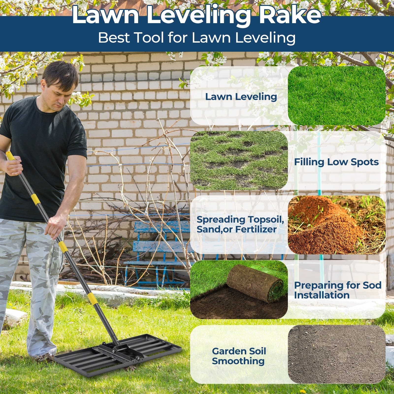 Heavy Duty Lawn Leveling Rake 30x10 - Adjustable 72" Handle, Foldable Soil Grade