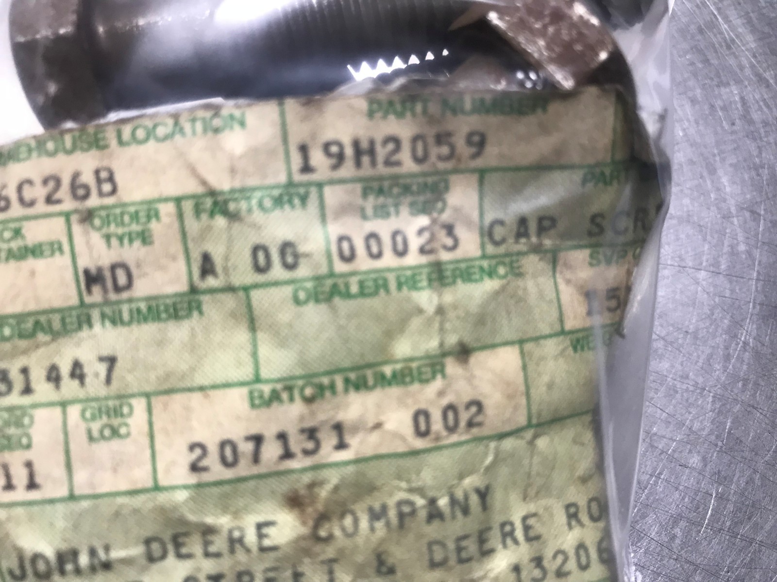 19H2059 GENUINE John Deere CAP SCREW BOLT