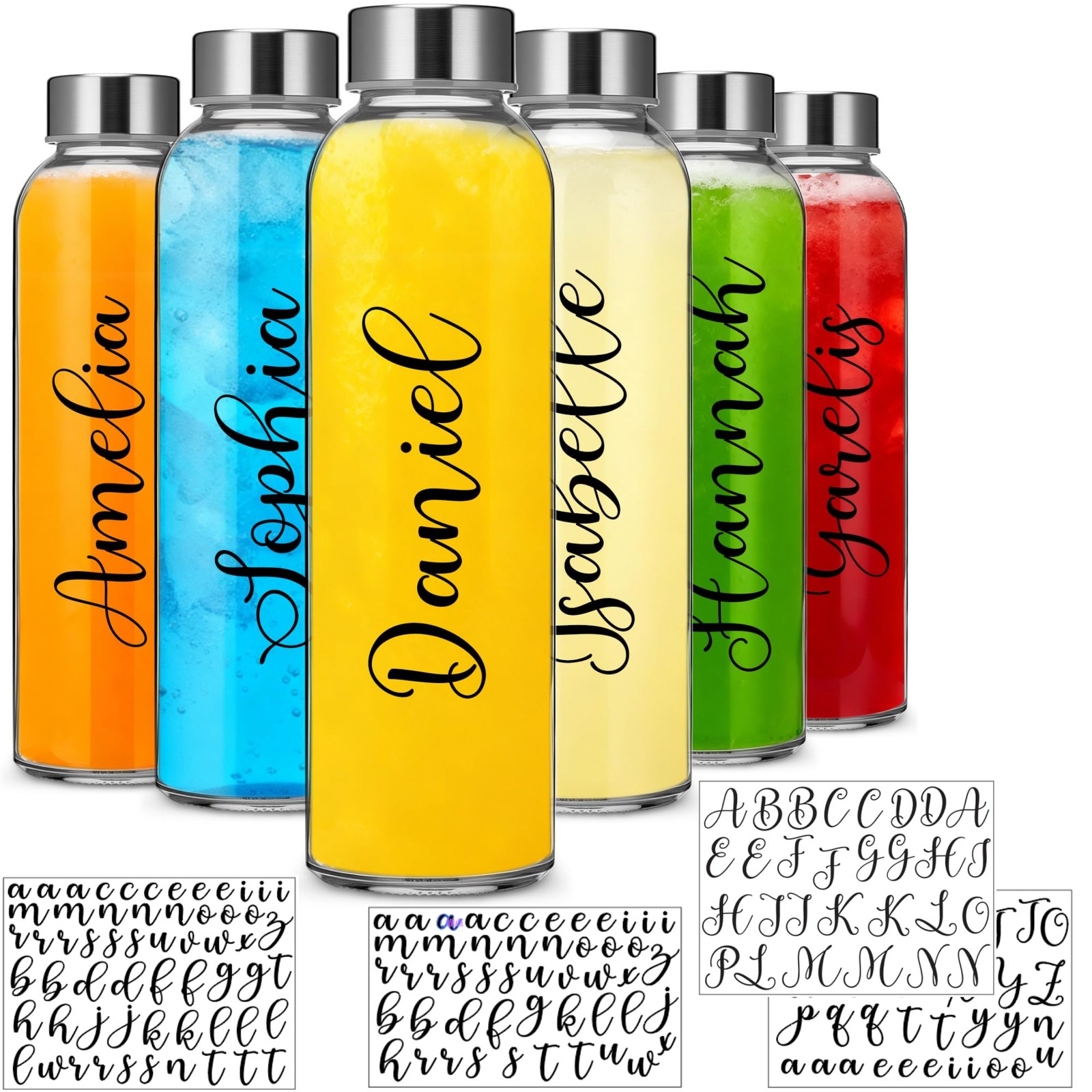 6 Set Personalized Clear Glass Water Bottles with Lids 18 oz Reusable Glass B...