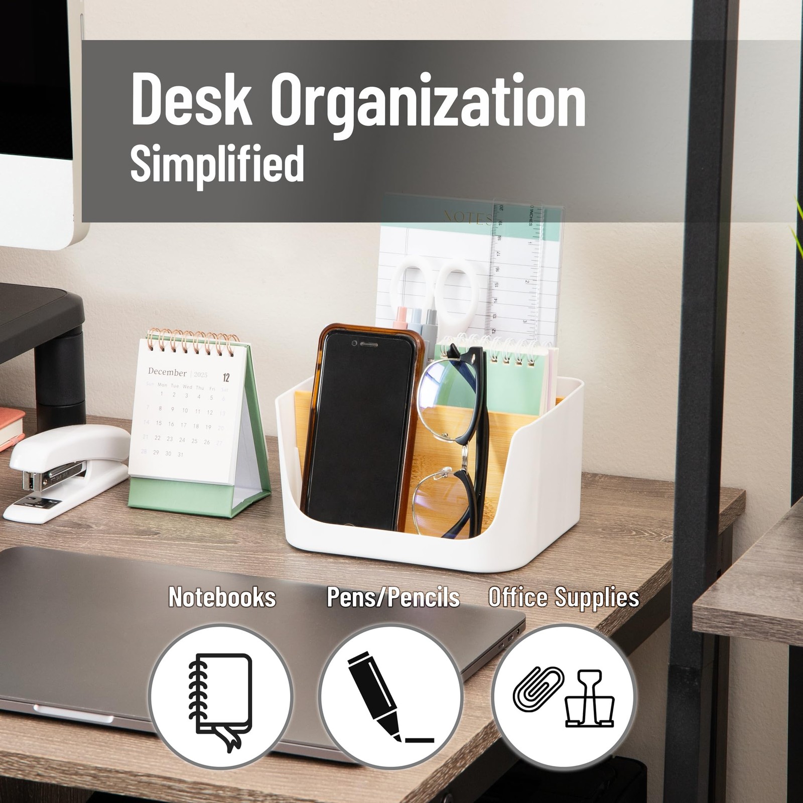White 5Compartment Desktop Organizer Adjustable Caddy Plastic Wood Storage