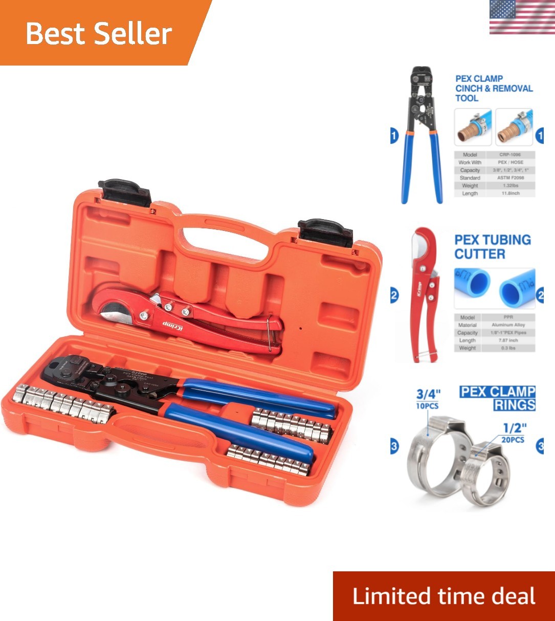 PEX Clamp Tool Kit for 3/8-in, 1/2-in, 3/4-in, 1-in PEX Clamp Cinch & Removal...